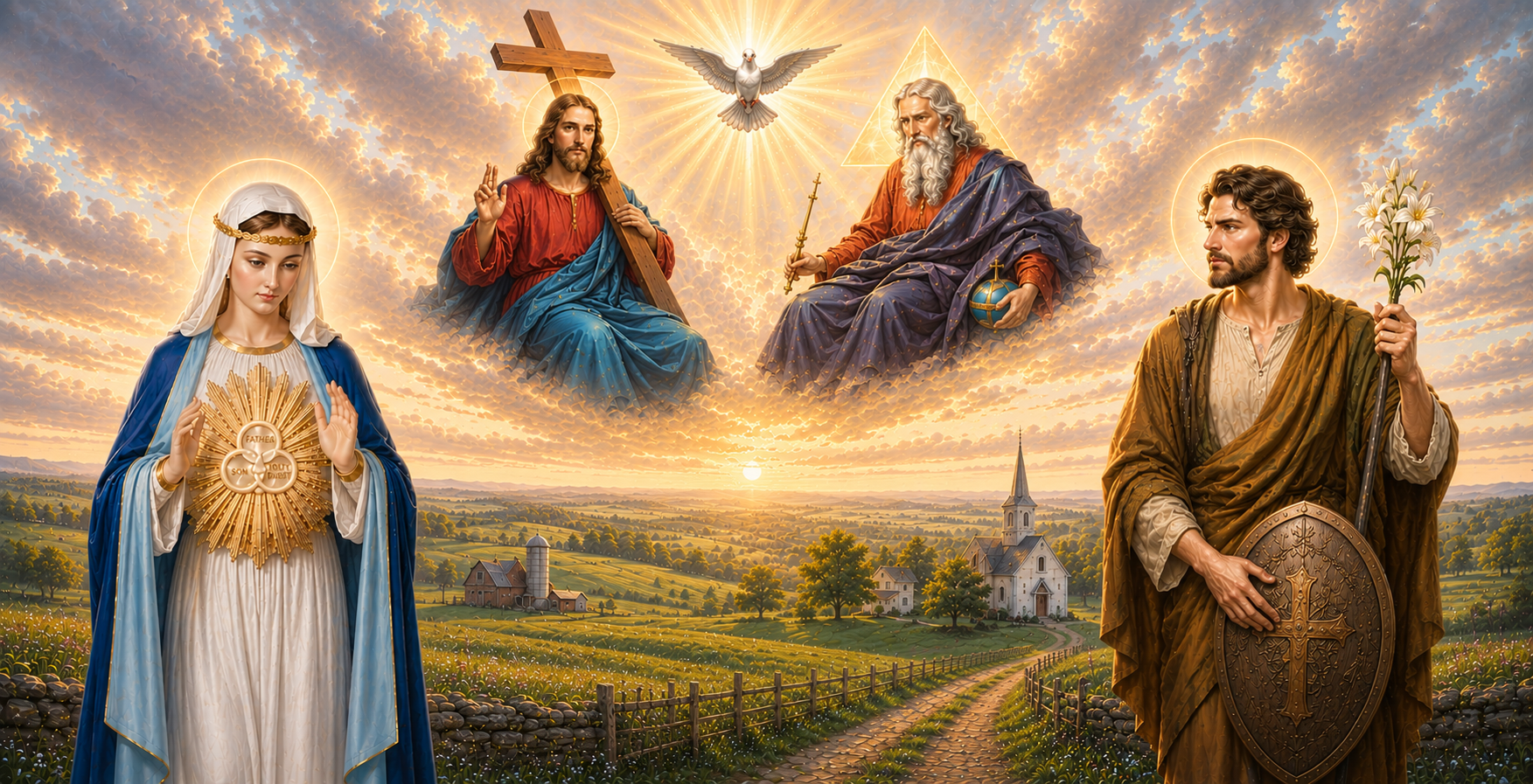 The Holy Trinity with Our Lady and St. Joseph over a farm landscape